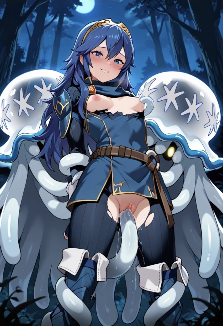ai_generated blue_eyes blue_hair breast_sucking crossover defeated_heroine exposed_breasts exposed_pussy fire_emblem hoipo hypnotized hypnotized_female lucina_(fire_emblem) mind_control nihilego nipple_sucking pokemon pokephilia restrained restrained_by_tentacles small_breasts tentacle tentacle_in_pussy torn_clothes ultra_beast