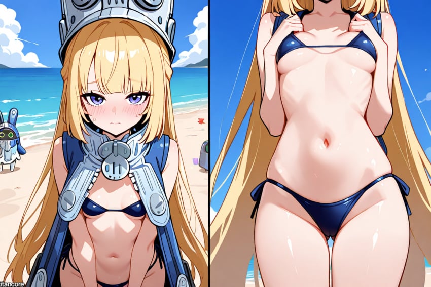 (titancore) ai_generated bangboo beach bikini_bottom bikini_top blonde_hair blushing childish curvy_figure cute_girl female female_only girl huge_hat long_hair norma_(zenless_zone_zero) norma_hollowell revealing_clothes small_breasts summer video_game_character zenless_zone_zero