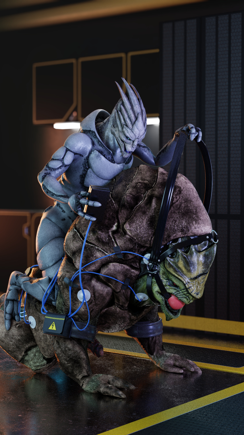 3d 3d_(artwork) absurd_res alien ball_gag bondage collar digital_media_(artwork) duo electricity electrode electrostimulation erection gag genitals hi_res humanoid krogan leash male male/male mass_effect no_humans nude penis ralic_turman turian video_games yaoi