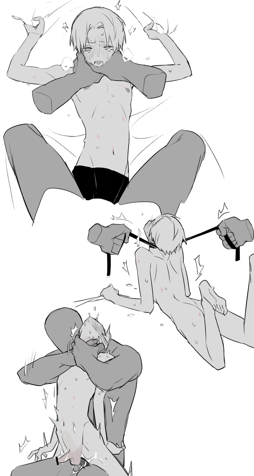 2boys absurdres asphyxiation bar_censor bed_sheet belt bruise censored choke_hold commentary_request crying crying_with_eyes_open femboy flinch from_behind fucafucamold gay gay_male hand_on_another's_neck hands_on_another's_neck highres hip_bones injury looking_at_viewer male_focus male_only midriff multiple_boys navel neck_grab original restrained reverse_ryona reverse_upright_straddle rough_sex sadism saliva skinny stomach_bulge strangling submission_hold tears twink wrestling yaoi