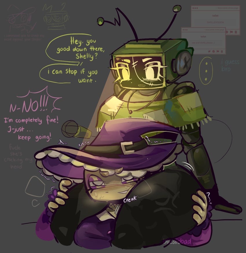 2female anthro big_thighs crush crushing dandy's_world dandys_world female female_focus female_only huge_thighs robot shellvision shelly_(dandy's_world) thigh_crush thigh_crushing thighs vee_(dandy's_world) violet_caster_shelly yuri zapped_creation_vee