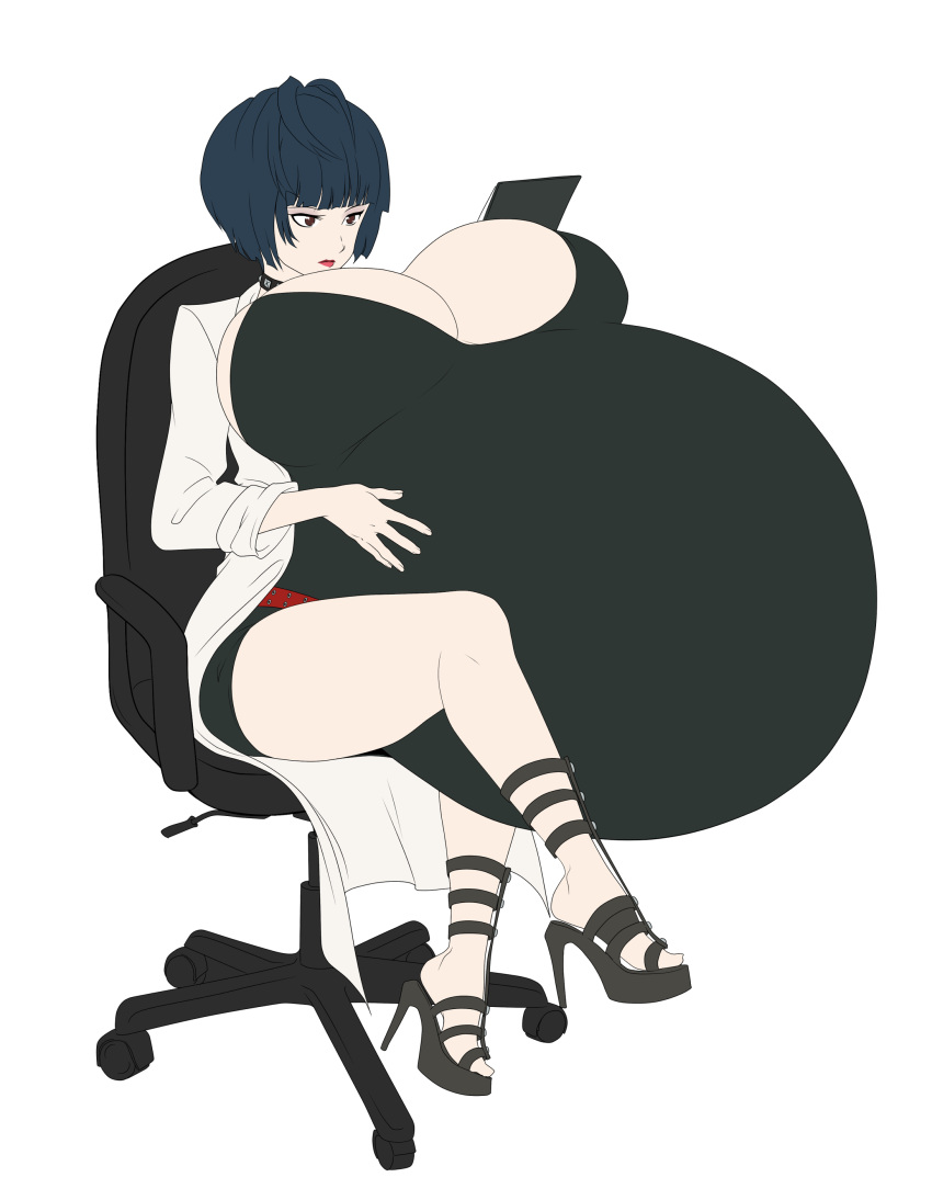 1girls belt big_belly black_shirt blue_eyes brown_eyes chair cleavage crossed_legs female female_only hand_on_belly huge_belly huge_breasts hyper hyper_belly hyper_pregnancy lab_coat persona persona_5 platform_heels pregnant ready_to_pop saburox short_hair sitting_on_chair solo tae_takemi tagme thick_thighs white_background