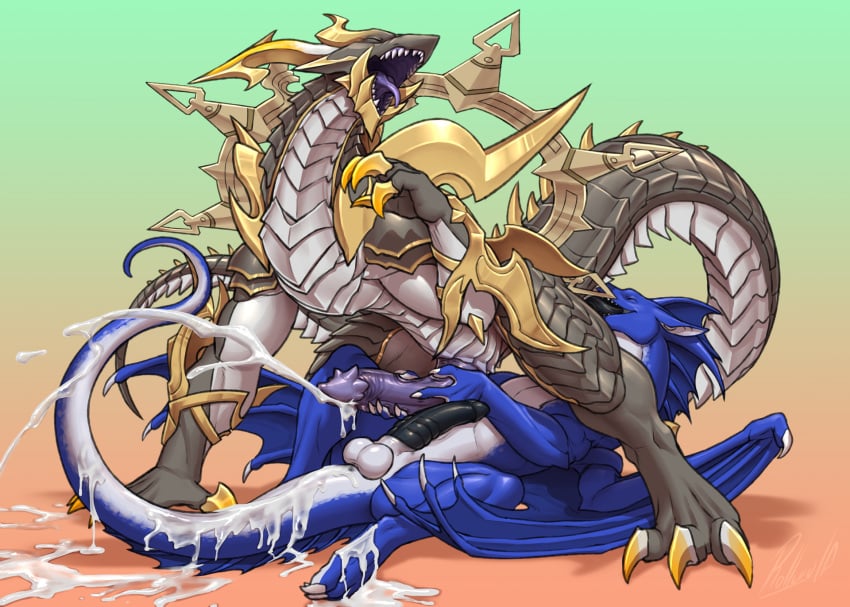 anal animal_genitalia balls bodily_fluids chronos_(dragalia_lost) claws closed_eyes cum cum_on_ground cum_on_tail cumshot dragalia_lost dragon duo ejaculation erection feral feral_on_feral firondraak genital_fluids genitals hand_on_penis hi_res horn male male/male male_only membrane_(anatomy) membranous_wings open_mouth oral penis rimming rollwulf sex sheath simple_background slit tongue tongue_out wings