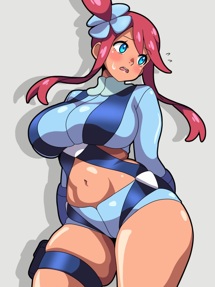 1girl arms_behind_back big_breasts blue_eyes blue_gloves blue_shorts blush breasts commentary_request crop_top game_freak gloves hair_between_eyes hair_ornament highres inaba_(tensai21) inabakun00 large_breasts long_hair midriff navel nintendo one_side_up open_mouth pokemon pokemon_black_and_white pokemon_bw pouch red_hair shadow short_hair_with_long_locks short_shorts shorts sidelocks skindentation skyla_(pokemon) solo sweat swept_bangs tan tan_body tan_skin tanned_female teeth thigh_holster thigh_pouch thigh_strap upper_teeth_only