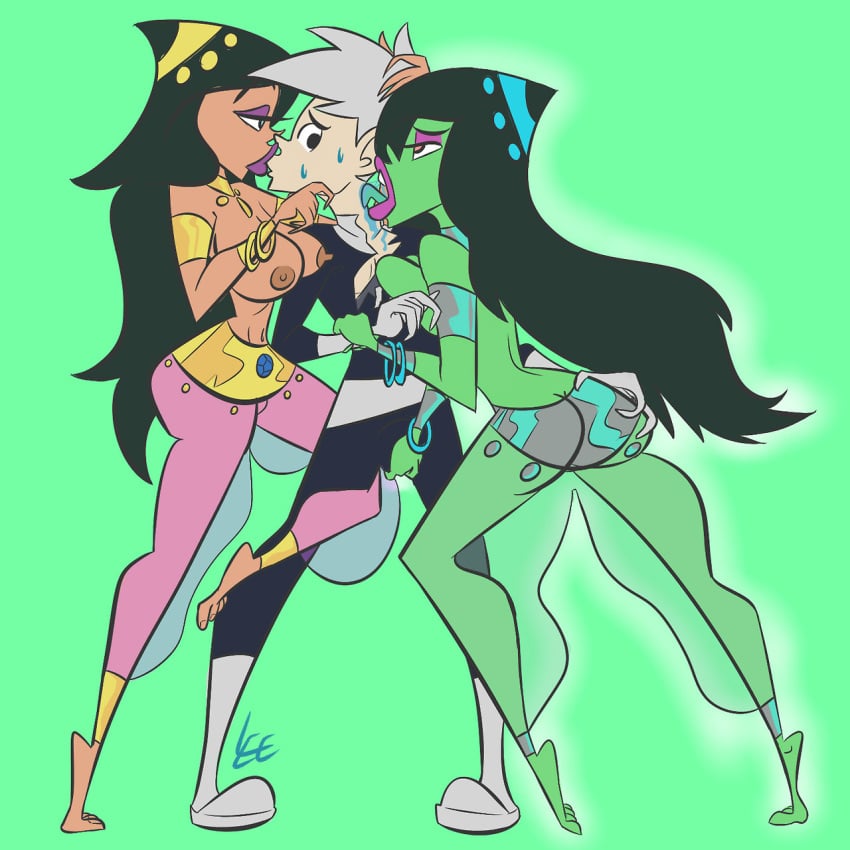 1boy 2girls ass ass_grab big_ass big_breasts breasts danny_fenton danny_phantom dark-skinned_female dark_skin desiree desiree_(human) female ffm_threesome green_skin lee-g-88 licking male nickelodeon nipples threesome tongue tongue_out