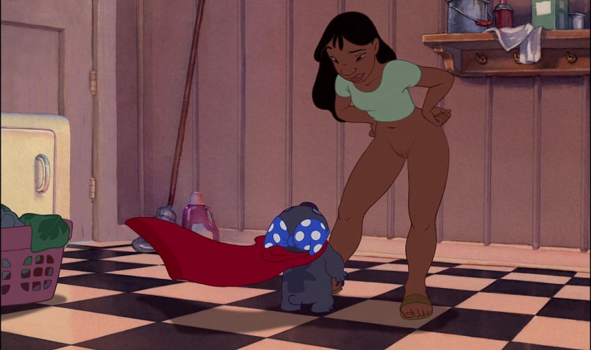 1girls alien bottomless bra_on_head cape dark-skinned_female dark_skin disney edit female hands_on_hips laundry lilo_and_stitch looking_down nani_pelekai pussy sandals screenshot screenshot_edit stitch washing_machine