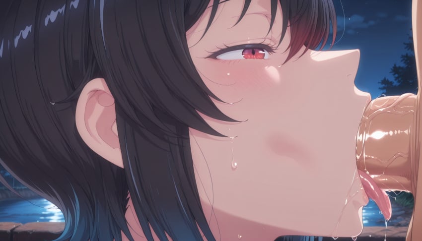 1girls ai_generated asanagi_umi bangs black_hair blush hi_res high_resolution highres i_made_friends_with_the_second_prettiest_girl_in_my_class outdoors penis red_eyes solo star_(sky) sweat uncensored wet