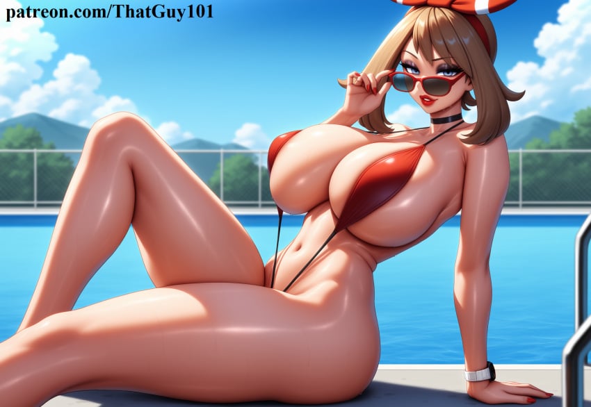 2d adjusting_eyewear ai_generated areola arm_support backlighting barely_clothed big_ass big_breasts bimbo bimbofication bimbofied brown_hair choker eyeshadow eyewear grey_eyes hair_ribbon half-closed_eyes hand_up huge_breasts knee_up leaning_back lipstick looking_at_viewer looking_over_eyewear massive_breasts may_(pokemon) may_(pokemon_oras) medium_hair mostly_nude navel novelai outdoors outside patreon patreon_url patreon_username pokemon pokemon_oras pool poolside seductive seductive_eyes seductive_look seductive_pose seductive_smile shiny_skin sitting sling_bikini slingshot_swimsuit smile smirk solo sunglasses sweat tgm101_(artist) thick_lips thick_thighs thin_waist wide_hips