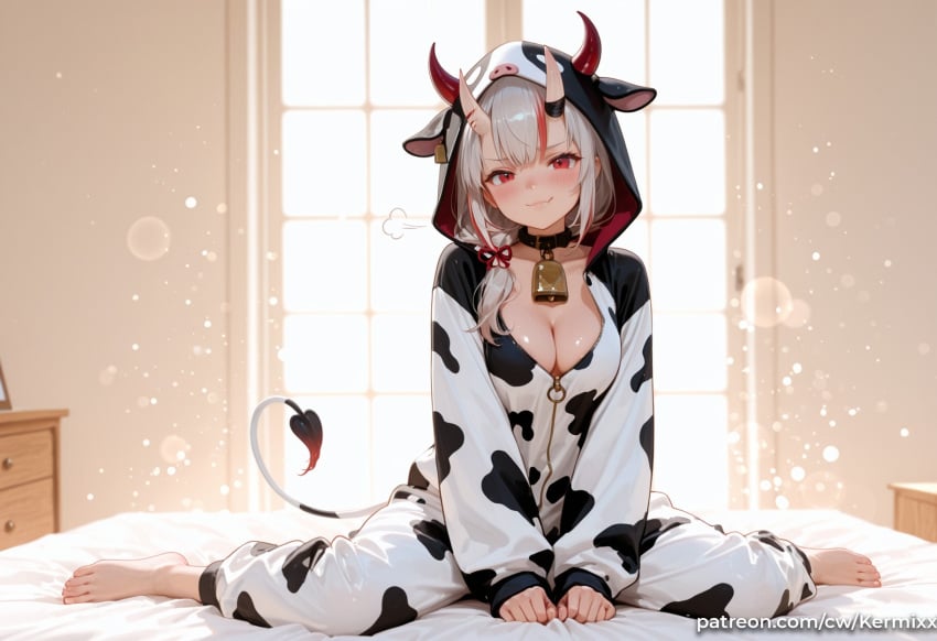 1girl ai_generated animal_print bangs barefoot bell black_collar blush breasts cleavage closed_mouth collar cow_print cowbell fang full_body hair_ribbon hololive hood hood_up horns indoors kermixx large_breasts long_hair long_sleeves looking_at_viewer multicolored_hair nakiri_ayame neck_bell oni_horns red_eyes red_hair ribbon sitting smile solo streaked_hair tail virtual_youtuber wariza watermark white_hair window