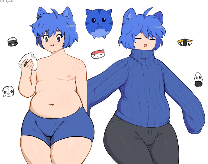 1boy belly big_ass blue_hair bulge cat_ears chubby cute eating femboy huge_ass male male_only ms_pigtails overweight smiling solo sushi_cat sweater thick_thighs underwear