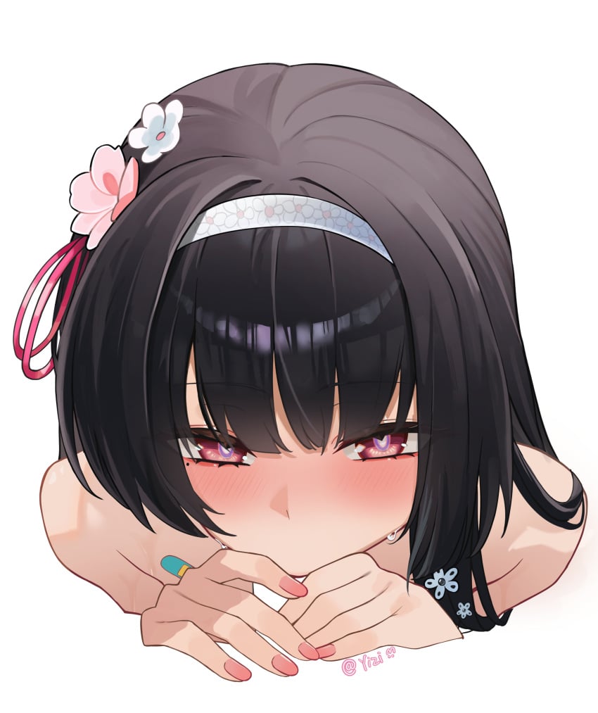 1boy 1girl absurdres black_hair blank_censor blush censored chisa_(wuthering_waves) commentary_request fellatio fingernails hair_ribbon hairband hetero highres long_fingernails long_hair looking_at_viewer meme mole mole_under_eye negative_space negative_space_oral_(meme) oral penis pink_ribbon red_eyes ribbon simple_background solo_focus white_background white_hairband wuthering_waves yizi_(yizi_official)