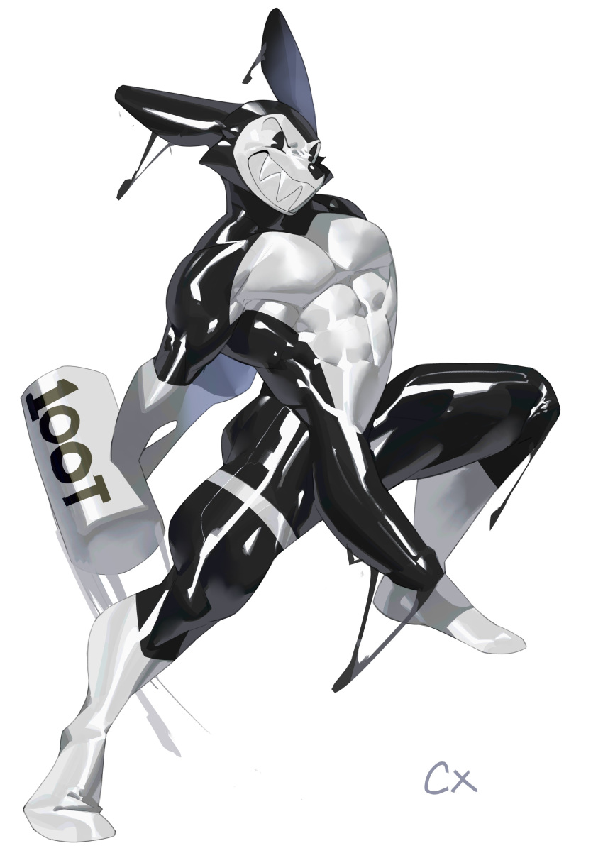 2021 absurd_res anthro big_penis black_body black_nose cxcxxcxxxx digital_media_(artwork) feet genitals hi_res lagomorph leporid male mammal muscular muscular_anthro muscular_male penis pie_cut_eyes rabbit rubber_creature sharp_teeth simple_background solo teeth white_background white_body