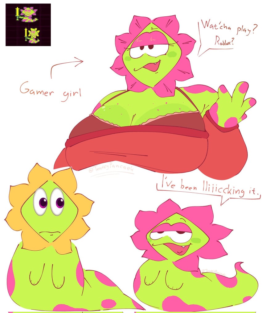 character_reference deltarune deltarune_chapter_5 dots eyes_emoji floradinn gamer_girl green_skin observing smug text white_background
