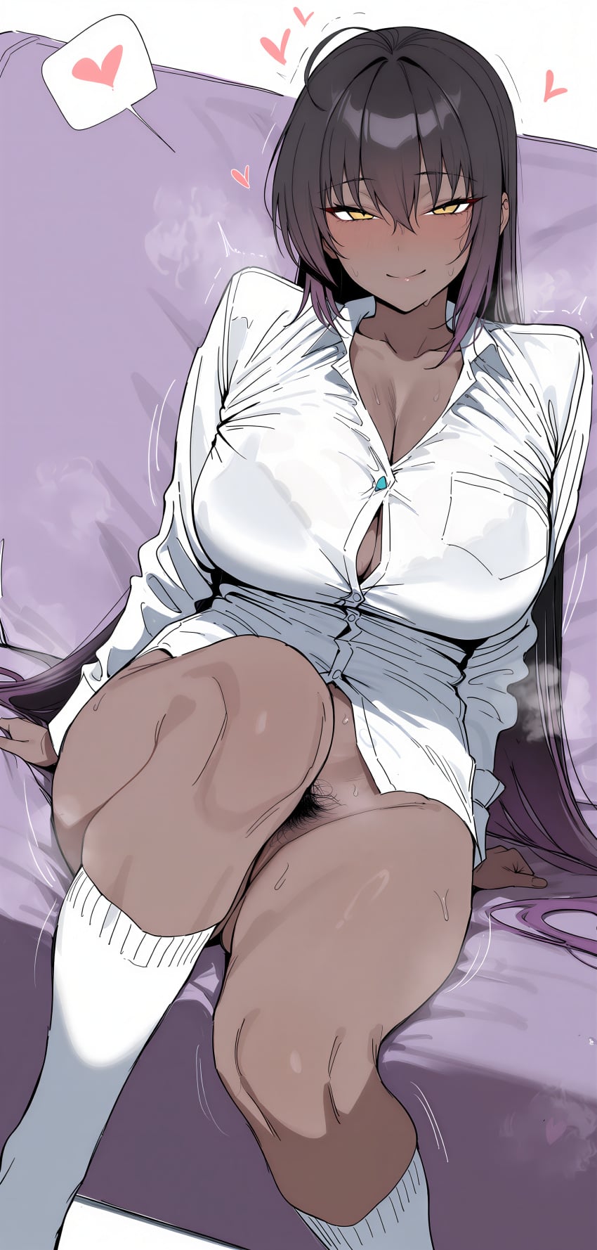 1girl absurdres ai ai_generated arm_support black_hair blue_archive bottomless cleavage closed_mouth collarbone collared_shirt dark-skinned_female excessive_pubic_hair female_pubic_hair floating_hearts full-face_blush gradient_hair heart highres karin_(blue_archive) kneehighs large_breasts looking_at_viewer motion_lines no_panties on_couch purple_hair pussy_peak simple_background sitting smile spoken_heart steaming_body sweat sweatdrop thighs very_long_hair very_sweaty white_background white_shirt white_socks yellow_eyes