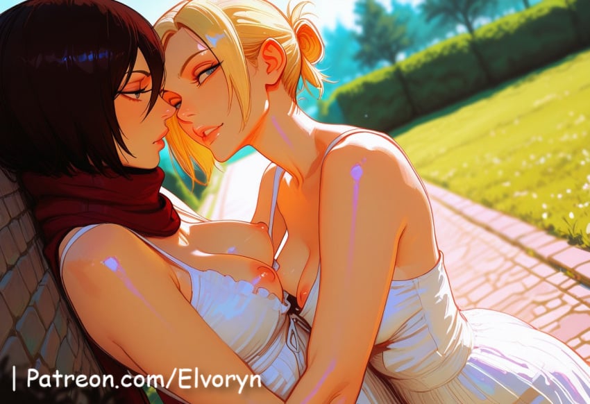 2girls ai_generated annie_leonhardt ass ass_focus attack_on_titan big_ass big_breasts black_hair blonde-haired_female blush breasts closed_mouth clothes clothing cute cute_face exposed_breasts female female_focus large_ass large_breasts light-skinned_female light_skin looking_at_viewer mikasa_ackerman multiple_females multiple_girls sexy sexy_body sexy_female sexy_pose shingeki_no_kyojin standing yellow_eyes younger_female