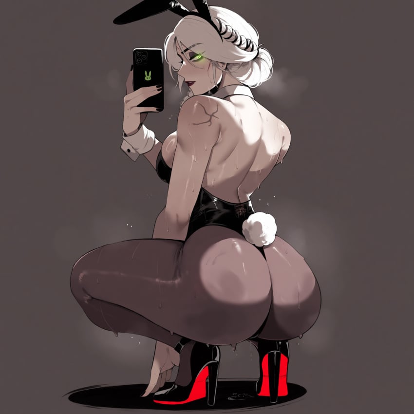 1girls ai_generated ass back_view big_ass black_nails braid breasts bubble_butt bunny_ears bunny_tail bunnysuit cd_projekt_red ciri falewii female female_only green_eyes high_heels light-skinned_female light_skin looking_at_viewer looking_back mascara phone selfie solo solo_female the_witcher_(series) the_witcher_4 wet_body white_hair