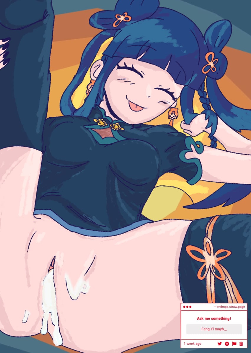 1girls after_sex black_nail_polish black_nails blue_hair blush blush_lines blushing blushing_female boob_window breasts china_dress chinese chinese_clothes chinese_female closed_eyes closed_mouth clothed clothes clothing color creampie cum cum_in_pussy cum_inside cute cute_face dress dress_lift earrings english_text female female_focus female_only feng_yi_(synthesizer_v) first_porn_of_character flavor_foley holding_hair human human_only long_hair mv_character naked naked_female partially_clothed pussy raised_leg rndmpa smile spread_legs sticking_out_tongue strawpage_request synthesizer_v text thighs tongue tongue_out twintails twintails_(hairstyle) twitter_link vagina vimalion_pro weiward_romance_(flavor_foley)