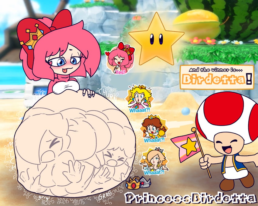 ass_expansion birdetta_(princessbirdetta) breast_expansion digestion digestion_noises digestion_sequence mario_(series) mario_party mario_party_superstars multiple_prey original original_character princess_daisy princess_peach princess_rosalina princessbirdetta_(artist) same_size_vore soft_vore struggling struggling_prey super_star_(mario) toad_(mario) unwilling unwilling_prey unwilling_vore vore vore_belly