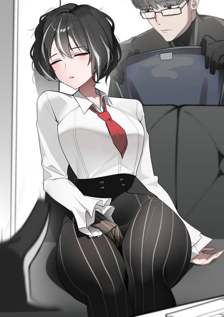 1boy 1girls black_hair blush distortion_detective fully_clothed glasses leaning_on_wall limbus_company middle_aged moses_(distortion_detective) noto12_34 project_moon prosthetic_arm sfw sitting sleeping sweat sweat_beads thick_thighs vespa_(distortion_detective) white_streaks