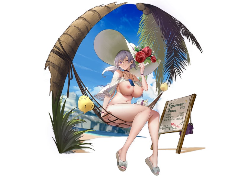 animal azur_lane bird breasts clouds hat manjuu_(azur_lane) nipples pandea_work pussy reno_(azur_lane) sky third-party_edit transparent tree uncensored white wink