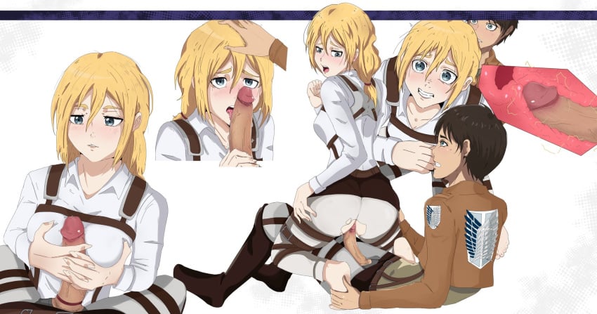 1boy 1girls attack_on_titan barefoot blonde_hair blowjob blue_eyes blush brown_hair christa_lenz clothed_sex clothing erection erehisu eren_jaeger fellatio female female_soldier fenqury green_eyes hair_down historia_reiss inside_view long_hair male multiple_positions open_mouth oral paizuri paizuri_over_clothes paradis_military_uniform penis reverse_cowgirl_position sex shingeki_no_kyojin short_hair soldiers straight straight_sex sucking_penis survey_corps_(emblem) teenager teenagers vaginal vaginal_penetration vaginal_sex x-ray