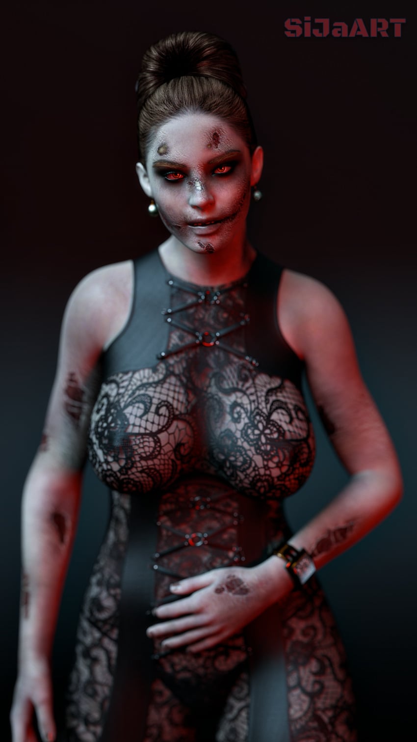 1girls 3d areolae big_breasts breasts brown_hair capcom corrupted corruption excella_gionne female large_breasts lesions monster_girl nipples nipples_visible_through_clothing pale-skinned_female pale_skin red_eyes resident_evil sija_art solo undead zombie zombie_girl