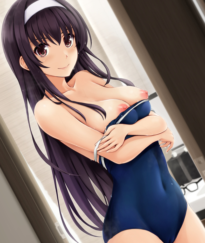 areolae bangs bare_shoulders blue_swimsuit blush breasts breasts_out closed_mouth collarbone commentary_request covered_nipples cowboy_shot eyelashes female glasses hair_between_eyes hairband highres indoors kasumigaoka_utaha large_breasts long_hair looking_at_viewer nipples nonaka_ritsu one-piece_swimsuit purple_hair red_eyes saenai_heroine_no_sodatekata school_swimsuit sidelocks skindentation smile solo standing swimsuit very_long_hair white_hairband