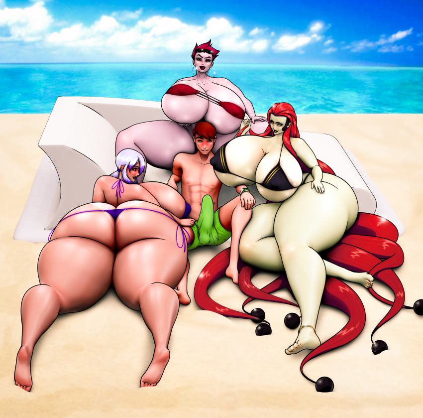 1boy 3girls alternate_breast_size ass ass_cleavage beach ben_10 ben_tennyson big_ass big_breasts bikini breasts breasts_bigger_than_head bubble_butt butt_crack charmcaster erect erect_penis erection erection_under_clothes female frightwig gigantic_ass harem highres huge_ass huge_breasts huge_cock hyper hyper_ass hyper_breasts hyper_thighs large_ass large_breasts male multiple_girls rojo someshittysketches thick_ass thick_thighs wide_hips