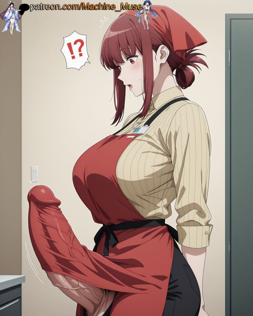 !? 1futa 1futanari 1girl 1girls adult adult_female ai_generated anime_style apron big_breasts big_cock big_dick big_penis boobs breasts bulge_through_clothing bust busty busty_female busty_girl cashier clothes clothing cock dick dickgirl erect_penis erection female futa futanari girl head_scarf huge_cock huge_penis large_breasts long_penis looking_down machine_muse mature mature_body mature_female mouth_open open_mouth penis penis_bulge penis_under_clothes penis_under_shirt red_eyes red_hair sexy sexy_body shirt solo striped_shirt super_no_ura_de_yani_suu_futari tits trans trans_woman uncensored veiny_penis watermark yamada_(super_no_ura_de_yani_suu_futari)