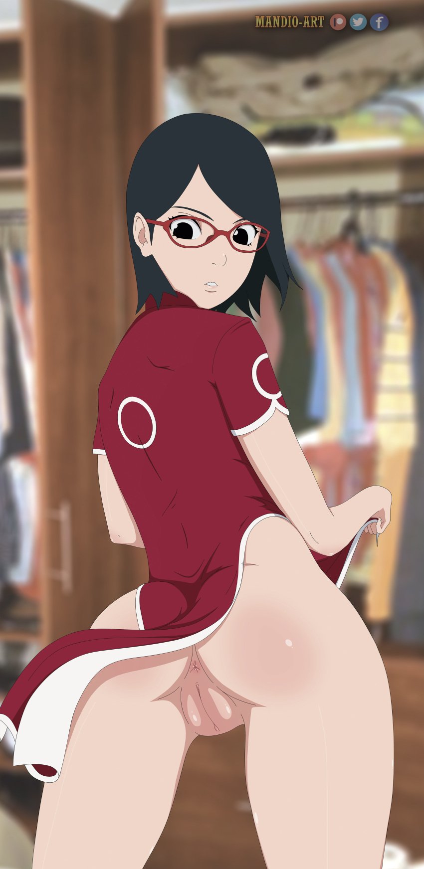 1girls accidental_exposure accurate_art_style alternate_costume anus ass back_view black_eyes black_hair boruto:_naruto_next_generations bottomless butt detailed_background dress dress_lift eyewear female female_only glasses lifted_by_self looking_back looking_down mandio_art medium_hair naruto naruto_(series) no_panties open_mouth pale_skin presenting_ass pussy sakura_haruno_(cosplay) sarada_uchiha short_hair skinny small_ass small_breasts smile teenager vagina wind