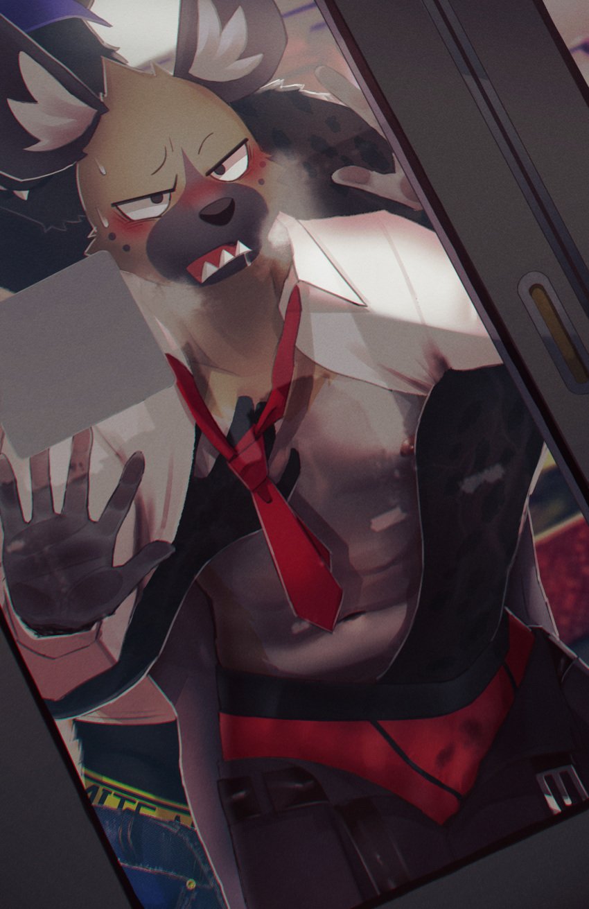 aggressive_retsuko anthro belt black_body black_fur blush breath brown_body brown_fur clothed clothing crotch_grab duo faceless_male fangs fondling fur grabbing_from_behind grope groping_from_behind haida hand_in_underwear hat headgear headwear hi_res hyaenid inside_train k0bit0wani male male/male male_only mammal muscular necktie nipples on_glass open_clothing open_shirt open_topwear panting public_transportation sanrio shirt smooth_fur spots spotted_body spotted_fur spotted_hyena topwear train underwear undressing vehicle