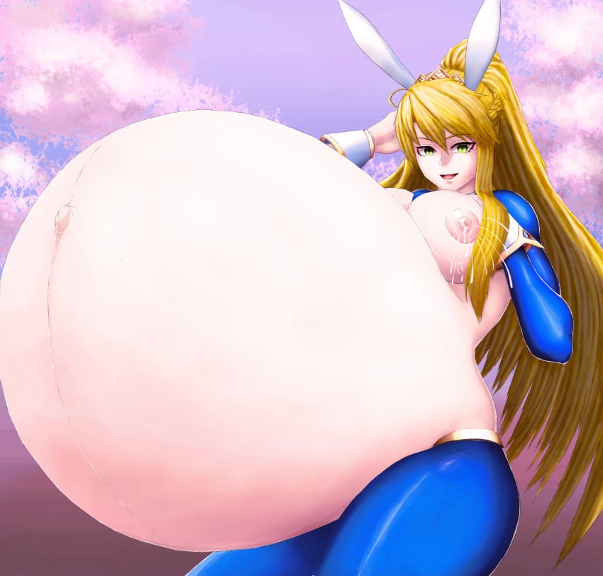 1girls areolae artoria_pendragon artoria_pendragon_(swimsuit_ruler) big_breasts breasts bunny_ears fate/grand_order fate_(series) female female_only huge_belly hyper_belly hyper_pregnancy lactation large_breasts looking_at_viewer milk nipples nude pregnant ready_to_pop reverse_bunnysuit solo uwasa75