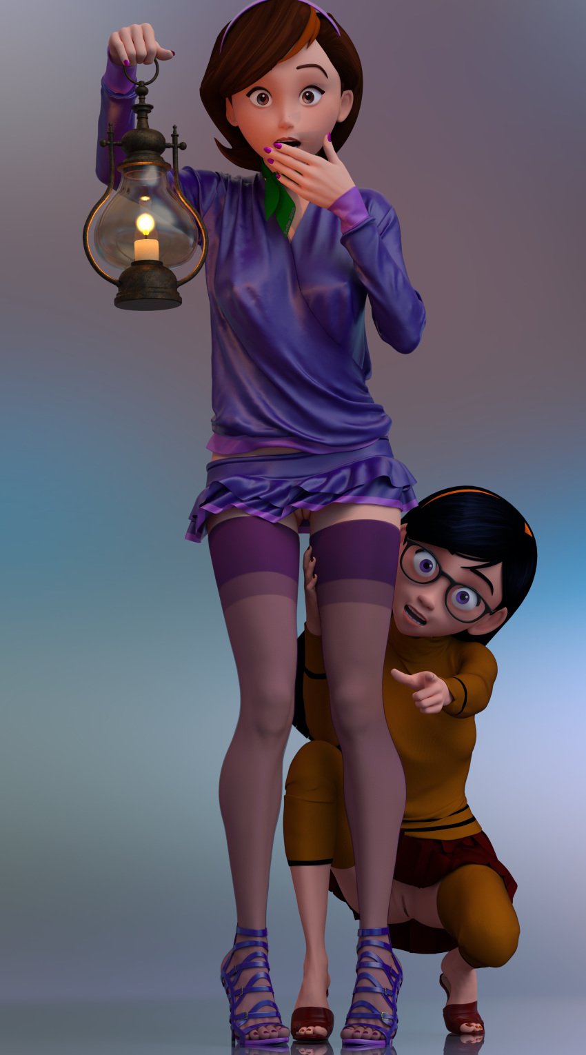 2girls 3d bare_legs barefoot black_hair brown_eyes brown_hair clothed clothing cosplay crouching daphne_blake_(cosplay) disney errbee eyes_open feet female female_only glasses hanna-barbera headband heels helen_parr highres leg_warmers looking_at_viewer nail_polish no_panties open_mouth open_toe_shoes orange_nails pink_nails pixar purple_eyes pussy scooby-doo skirt smooth_skin standing sweater the_incredibles thighhighs velma_dinkley_(cosplay) violet_parr