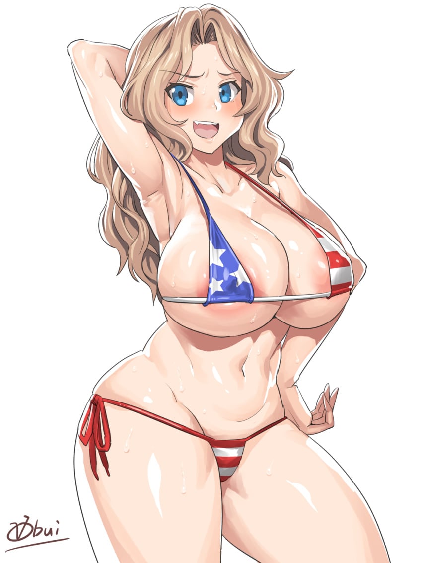 1girls american_flag american_flag_bikini areola_slip areolae arm_up armpits bikini blonde_hair blue_eyes blush breasts cleavage curvy eyebrows_visible_through_hair female flag_print girls_und_panzer hand_on_hip hip_focus huge_breasts kay_(girls_und_panzer) light-skinned_female light_skin long_hair looking_at_viewer navel obui plump side-tie_bikini small_bikini smile solo solo_female solo_focus sweat swimsuit thick_thighs thighs white_background