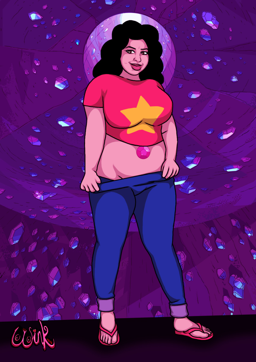 belly black_hair brown_eyes cartoon_network cave chubby chubby_female fat_people_only flip_flops gem genderswap genderswap_(mtf) jeans pants_pulled_down pinup pulling_down_pants rule_63 sandals star steven_quartz_universe steven_universe stone thewink