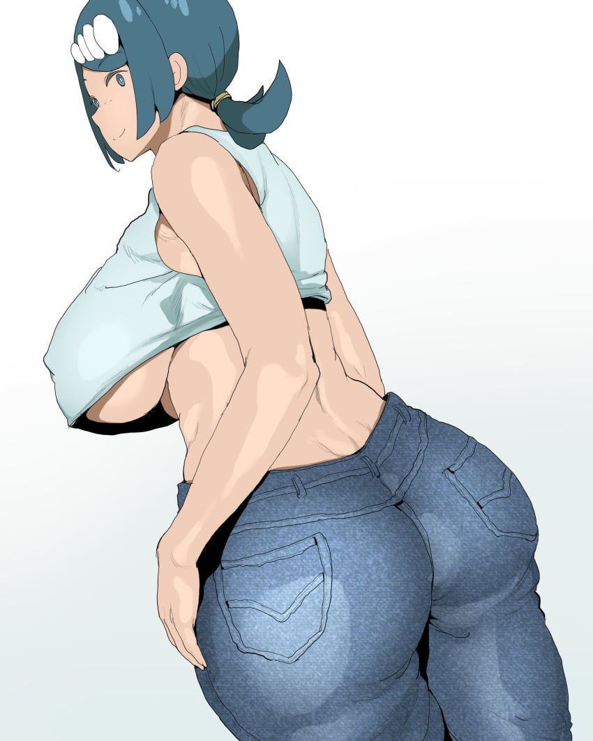 1girls ass big_ass big_breasts blue_eyes blue_hair crop_top eye_contact female female_only huge_breasts jeans kedamono_kangoku-tou lana's_mother_(pokemon) large_breasts looking_at_viewer looking_back mature_female milf mob_face mother nintendo pale-skinned_female pale_skin pokemon pokemon_sm thick_ass thick_thighs thighs underboob voluptuous white_background