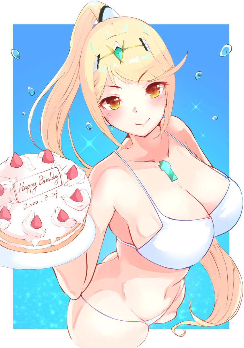 1girls 2020 absurd_res ass bikini birthday birthday_cake blonde_hair blush breasts cake chest_jewel cleavage dated english_text eyebrows_visible_through_hair female female_only food happy_birthday highres holding_plate jewelry large_breasts long_hair long_ponytail looking_at_viewer mythra navel plate ponytail risumi_(taka-fallcherryblossom) sideboob smile solo standing strawberry swimsuit text tiara tied_hair water water_drop white_bikini white_border xenoblade_(series) xenoblade_chronicles_2 yellow_eyes