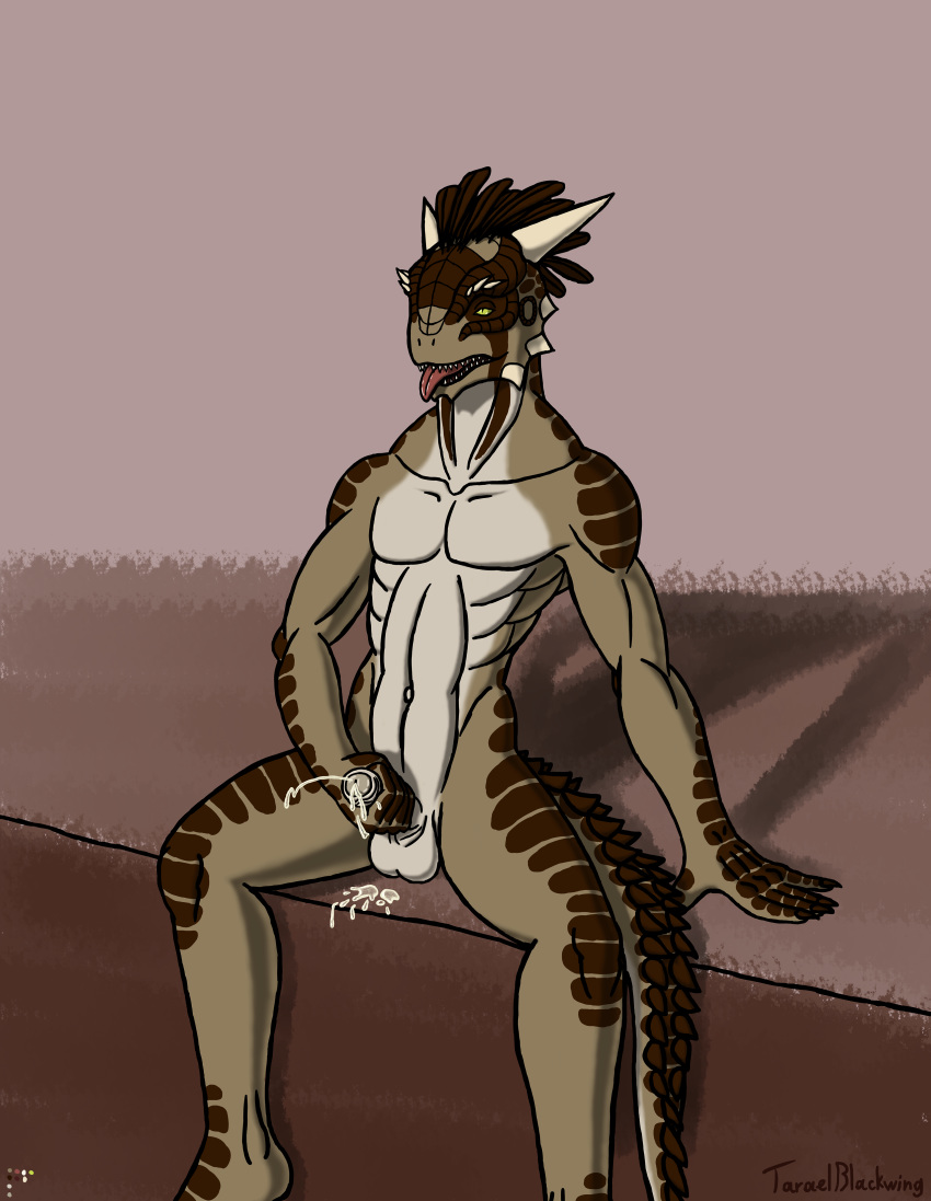 absurd_res anthro argonian balls bethesda_softworks bodily_fluids brown_body brown_feathers brown_scales cum cumshot ejaculation erection feathers genital_fluids genitals green_eyes hi_res horn humanoid_genitalia humanoid_penis javill looking_pleasured male male_only masturbation navel open_mouth orgasm orgasm_face penis reptile scales scalie sitting solo taraelblackwing the_elder_scrolls tongue tongue_out video_games