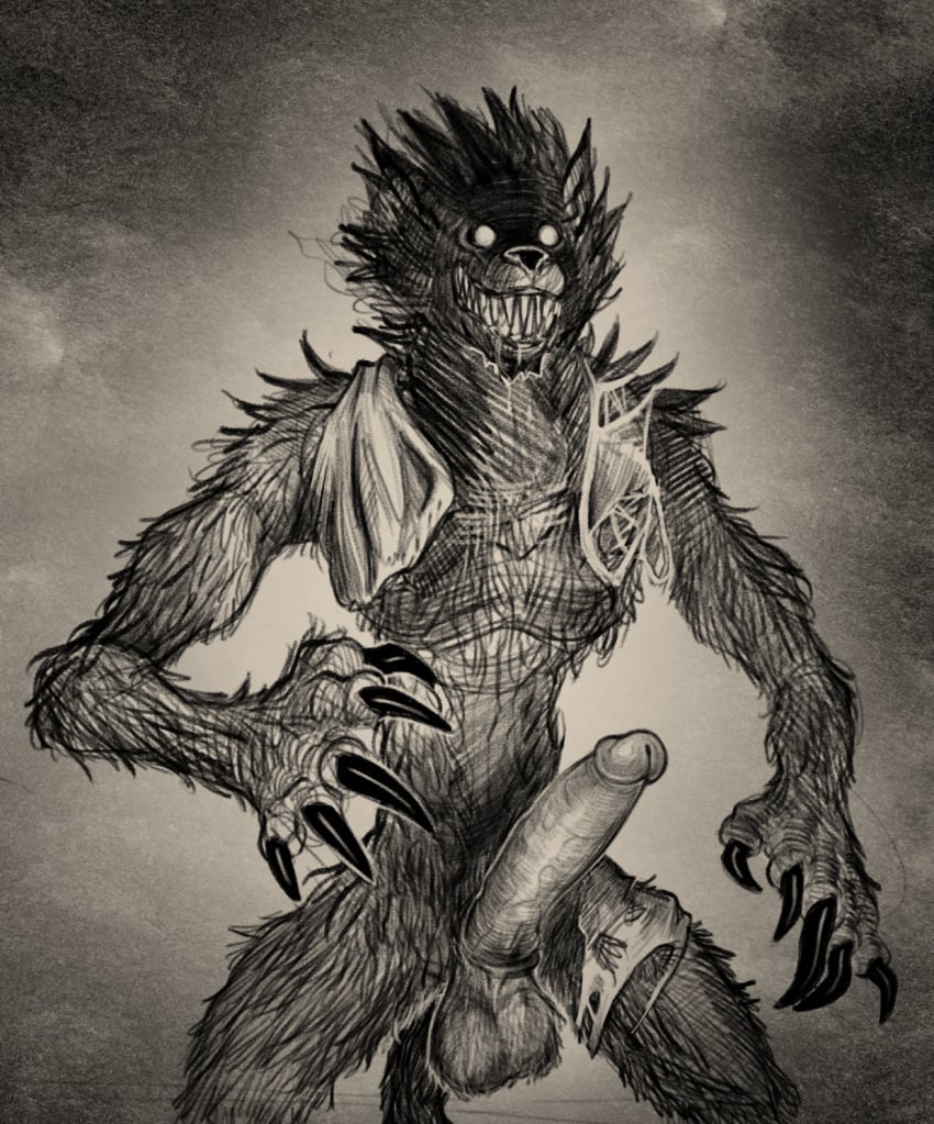 2020 anthro balls baring_teeth beast_(bloodborne) big_penis bloodborne bodily_fluids canid canine claws clothing daftpatriot empty_eyes erection fangs fromsoftware genitals hi_res humanoid_genitalia humanoid_penis male mammal monochrome penis saliva scourge_beast_(bloodborne) sharp_teeth solo solo_male sony_corporation sony_interactive_entertainment standing teeth torn_clothing video_games were werecanid werecanine werewolf