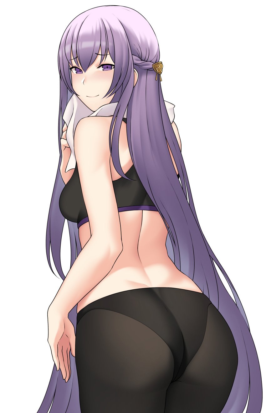 1girls ass back bbk13z bbk_(13zk) breasts bushidokuroi fire_emblem fire_emblem:_the_binding_blade long_hair manakete medium_breasts nintendo purple_eyes purple_hair solo sophia_(fire_emblem) sports_bra sportswear tank_top towel very_long_hair yoga_pants