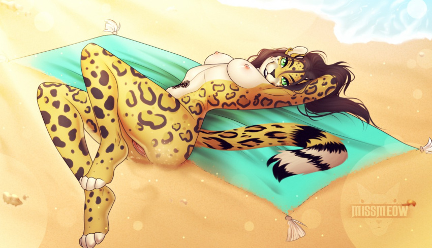 anthro ass beach black_hair breasts casual_nudity catherinemeow cheetah detailed_background ear_piercing ear_ring felid feline female fluffy fluffy_tail fur genitals green_eyes hair lying mammal multicolored_body multicolored_fur nipples nude open_mouth open_smile piercing pussy seaside smile solo tattoo teeth two_tone_body two_tone_fur vulva white_body white_fur yellow_body yellow_fur