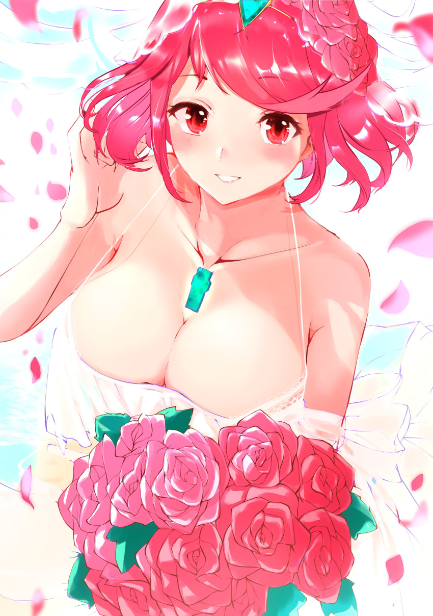 1girls 2020 absurd_res arm_up bare_shoulders bikini blush bouquet breasts chest_jewel cleavage clothing dress eyebrows_visible_through_hair female female_only flower hair_flower highres holding_bouquet jewelry large_breasts looking_at_viewer matching_hair/eyes nintendo petals pyra red_eyes red_hair risumi_(taka-fallcherryblossom) rose short_hair smile solo standing swimsuit teeth tiara veil water wedding_dress white_bikini xenoblade_(series) xenoblade_chronicles_2