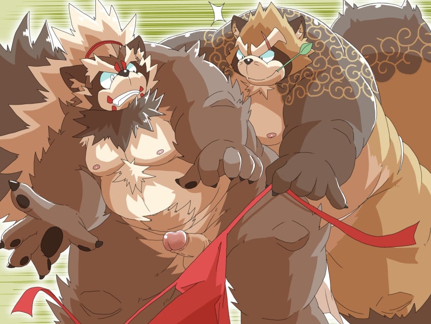 2020 4:3 anthro asian_clothing balls belly canid canine clothing duo east_asian_clothing erection fundoshi genitals goemon_(tas) gyobu hi_res hottophoto japanese_clothing kemono leaf male male/male mammal moobs nipples overweight overweight_male penis raccoon_dog scar tanuki tokyo_afterschool_summoners underwear video_games