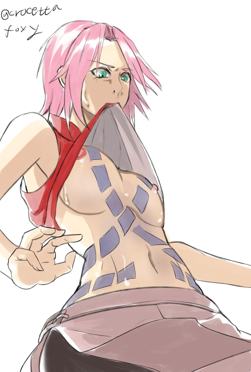 1girls areolae body_markings breasts clothed clothing crocetta_foxy erect_nipples female female_focus female_only fully_clothed green_eyes jacket light-skinned_female light_skin medium_hair naruto naruto_(series) naruto_shippuden nipples no_bra pink_hair pink_nipples sakura_haruno shirt_lift shirt_up shoulder_length_hair sleeveless sleeveless_shirt small_breasts solo solo_female solo_focus standing stomach sweat white_background