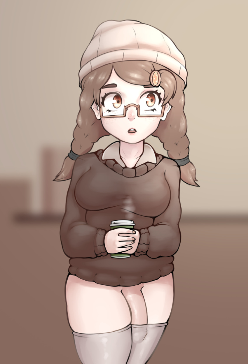 1futa astroblush beanie bottomless casual_exposure coffee cute foreskin freckles futa_only futanari glasses hair_ornament intersex penis penis_in_thighhighs pigtails solo_futa sweater thighhighs twintails uncut under-rim_glasses yellow_eyes