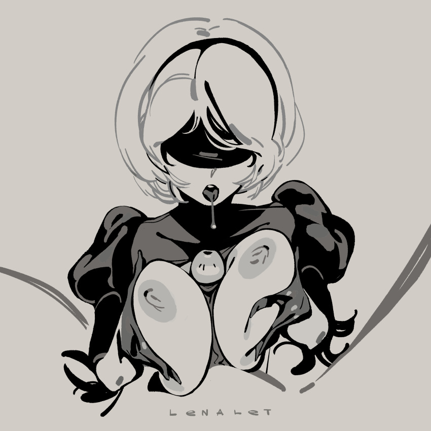 1boy absurdres bimbo blindfold breasts breasts_out busty feather-trimmed_sleeves feather_trim female female_protagonist gloves grey_background greyscale hairband highres lenalet monochrome nier:_automata nier_(series) open_mouth outercourse paizuri penis puffy_sleeves saliva saliva_trail short_hair simple_background teeth tongue upper_teeth veins veiny_penis yorha_2b