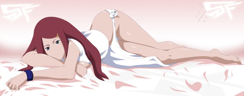 1girls accurate_art_style bed bed_sheet bracelet breasts breasts_out dress feet female female_only long_hair looking_at_viewer lying milf naruto naruto_(series) naruto_shippuden open_dress purple_eyes red_hair smile stiky_finkaz toes uzumaki_kushina