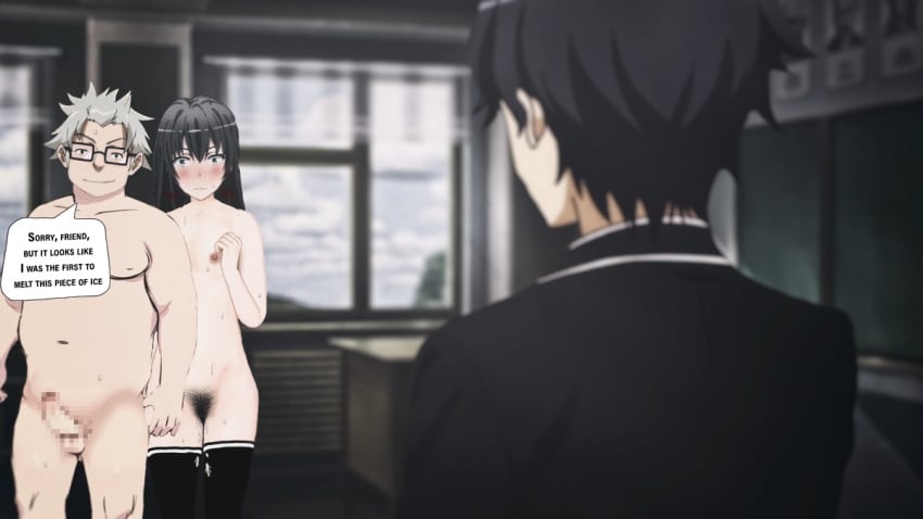 1girls 2boys black_hair blush breasts caught color cuckold english_text fat_man female female_pubic_hair hikigaya_hachiman long_hair male multiple_boys my_teen_romantic_comedy_snafu netorare ntr nude nude_female nude_male penis phantom-x phantom9614 pubic_hair short_hair small_breasts stockings text white_hair yukinoshita_yukino zaimokuza_yoshiteru