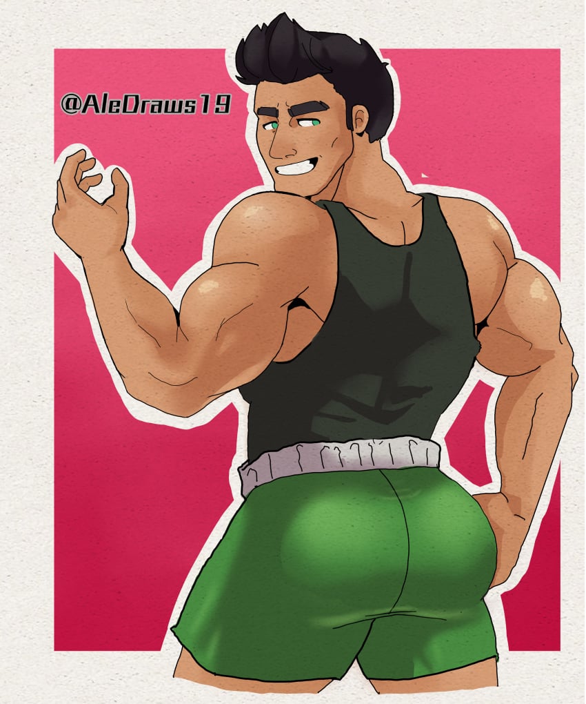 1boy aledraws19 ass ass_focus back back_muscles back_view bara biceps big_ass big_butt black_hair bubble_ass bubble_butt clothed clothing gay green_eyes human human_only little_mac looking_back male male_focus male_only muscle muscles muscular muscular_male punch-out!! punch_out shirt shorts smile smiling solo solo_focus solo_male tan tan_body tan_skin toned toned_body toned_male