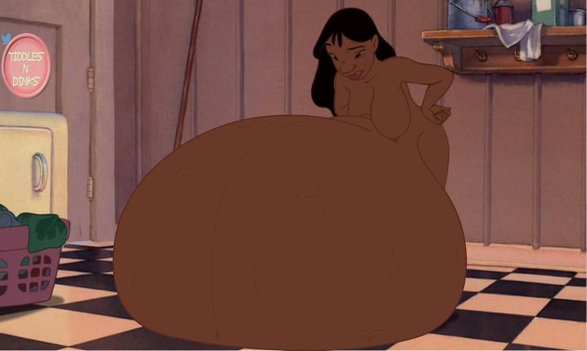 alternate_version_available belly_button belly_on_ground black_hair dark-skinned_female edit enormous_belly erect_nipple fat_folds female female_only hands_on_hips hanging_breasts hyper hyper_belly inflated_belly inflation laundrymom lilo_and_stitch massive_belly nani_pelekai nipple nude_female screenshot screenshot_edit tiddlesndinks washing_machine